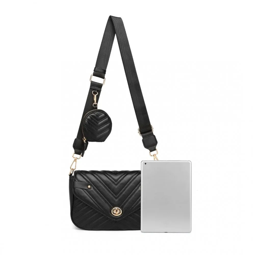 Miss Lulu V-Quilted Flap Leather Shoulder Bag - Black
