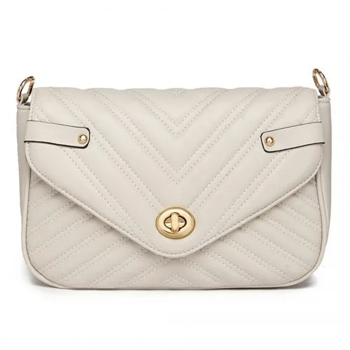 Miss Lulu V-Quilted Flap Leather Shoulder Bag - Grey
