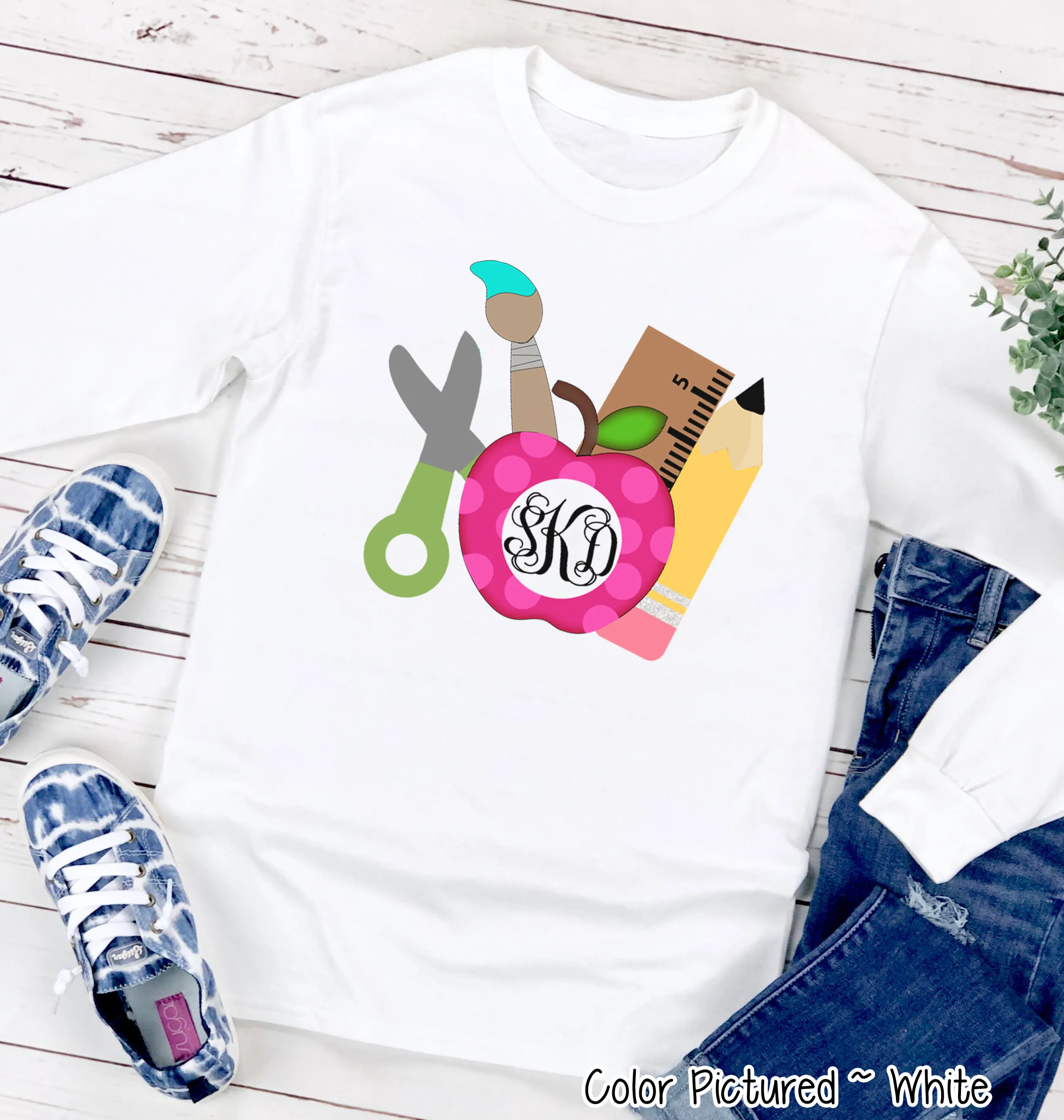 Monogram Apple & School Supplies Tee