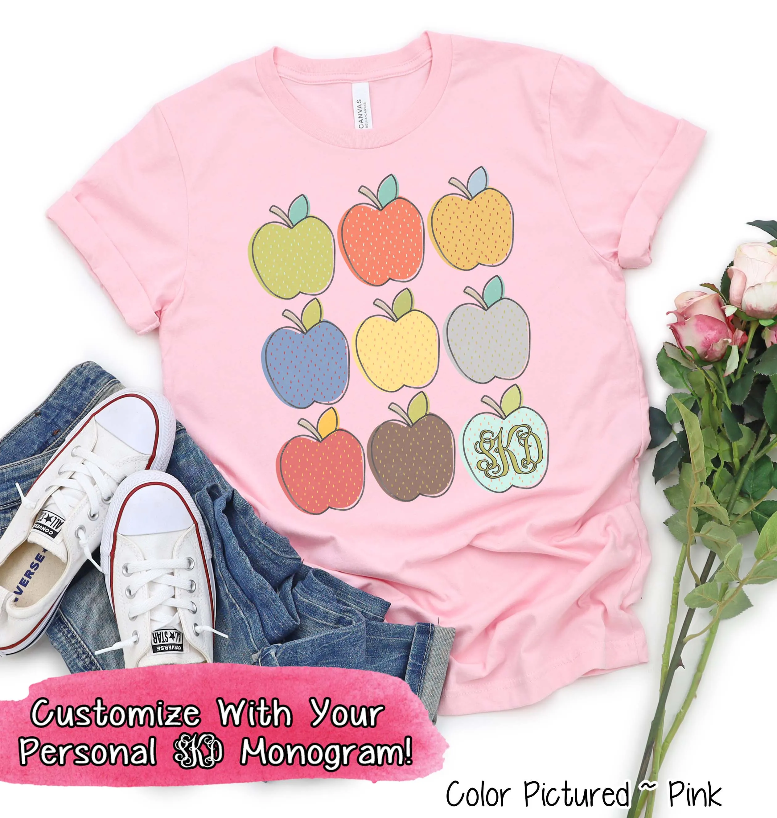 Monogram Apple Grid Back To School Student and Teacher Tee