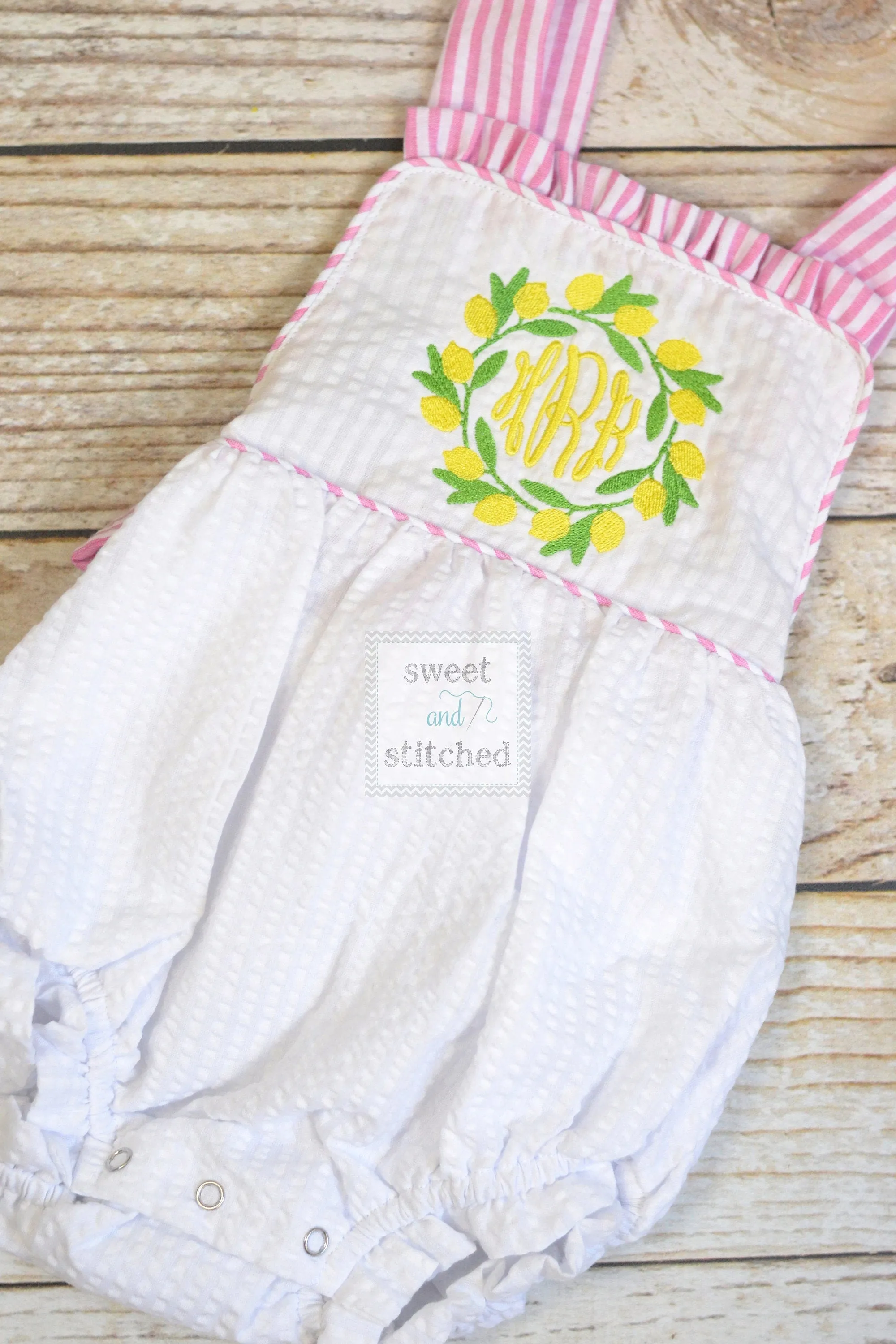 Monogrammed baby girl ruffle bubble with lemons, pink lemonade birthday outfit, 1st birthday cake smash outfit, Summer Beach Outfit