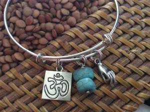 Mudra Hand Turquoise Stones Om Charm Bracelet Adjustable Expandable Silver Wire Bangle Trendy Yoga Inspired Meaningful Inspirational