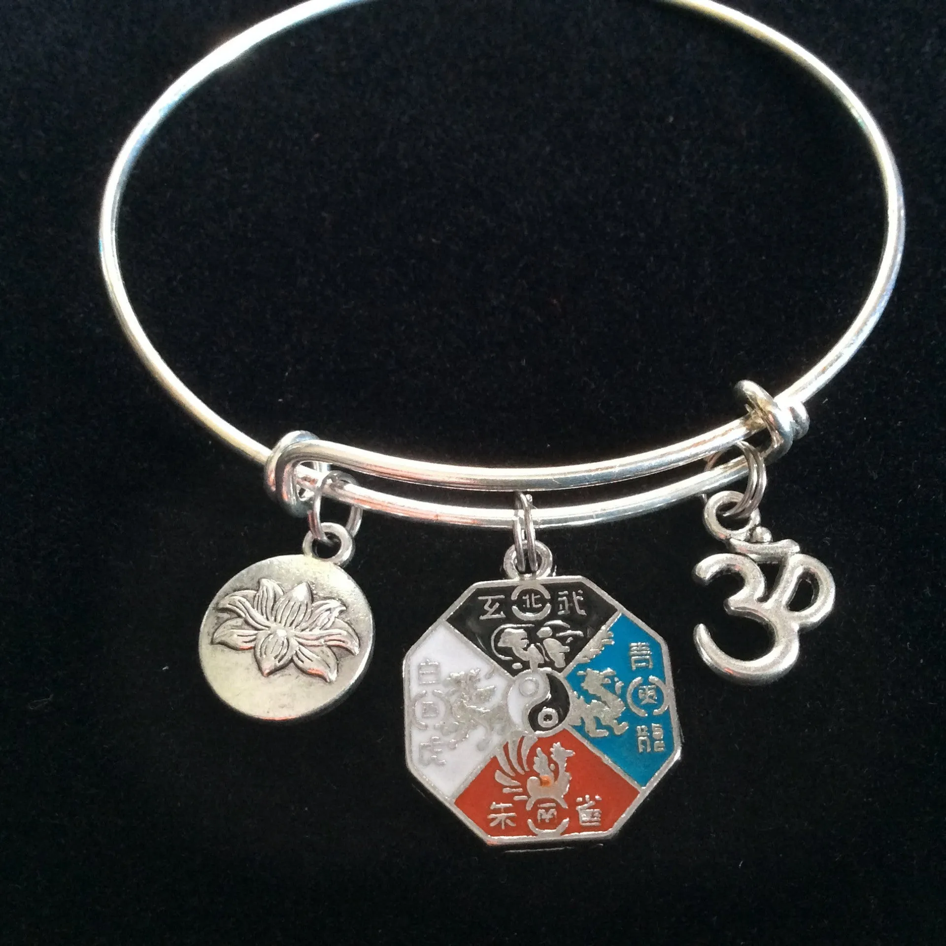 Multicolored Yoga Inspired Zen Medal with Lotus and Om Charm Bracelet Adjustable Expandable Silver Wire Bangle Trendy Yoga Inspired Meaningful Inspirational
