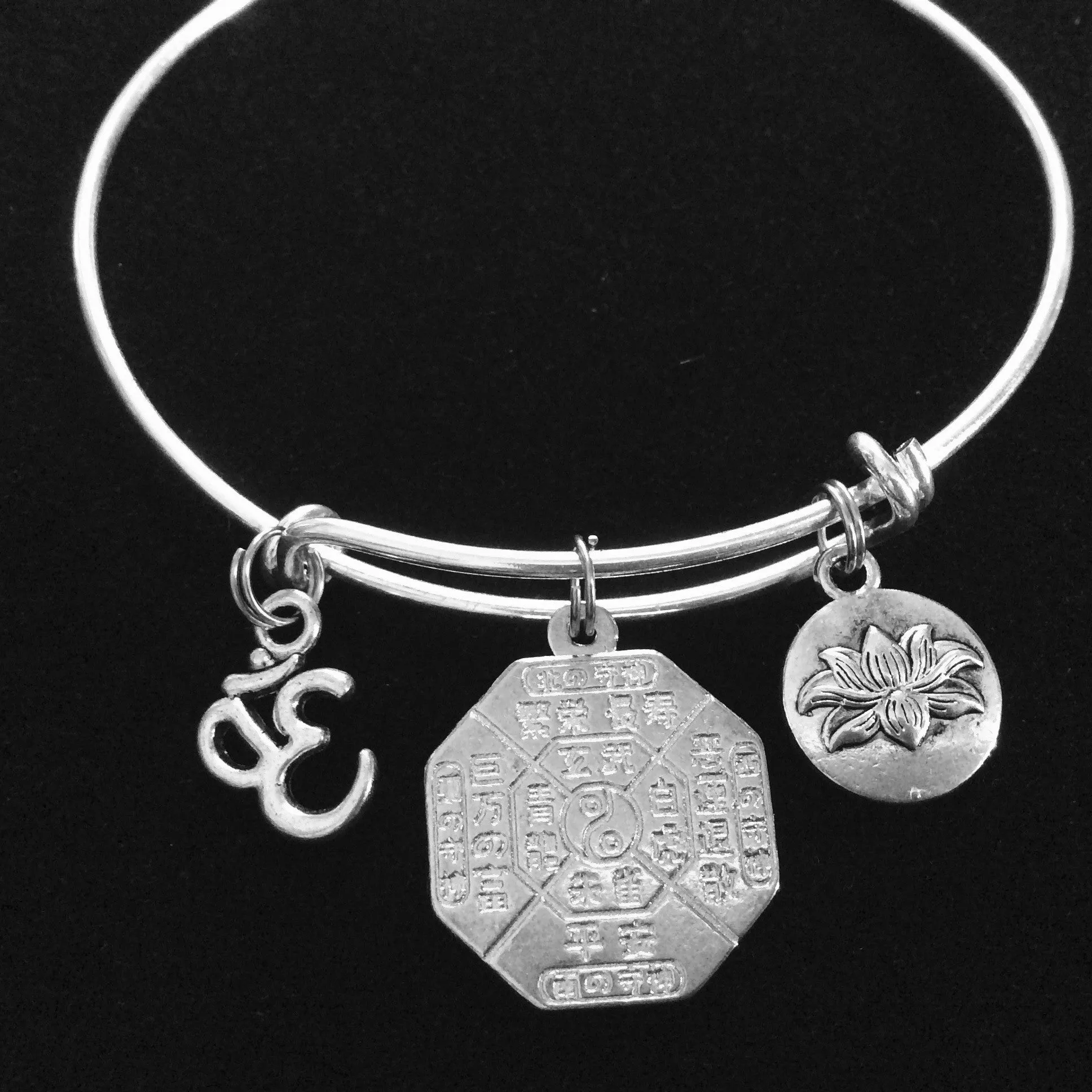 Multicolored Yoga Inspired Zen Medal with Lotus and Om Charm Bracelet Adjustable Expandable Silver Wire Bangle Trendy Yoga Inspired Meaningful Inspirational