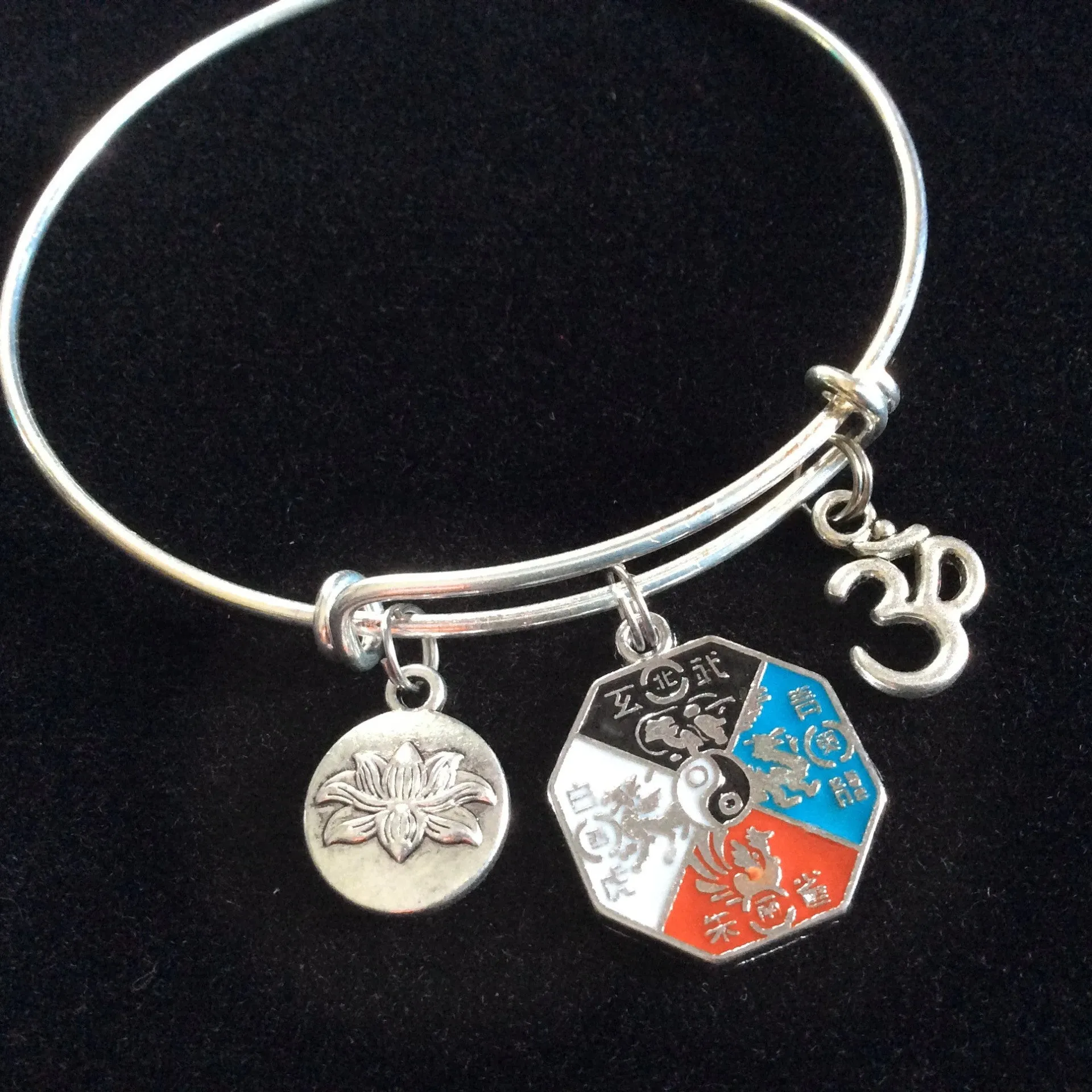 Multicolored Yoga Inspired Zen Medal with Lotus and Om Charm Bracelet Adjustable Expandable Silver Wire Bangle Trendy Yoga Inspired Meaningful Inspirational