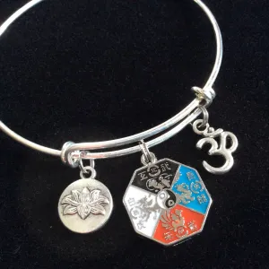 Multicolored Yoga Inspired Zen Medal with Lotus and Om Charm Bracelet Adjustable Expandable Silver Wire Bangle Trendy Yoga Inspired Meaningful Inspirational