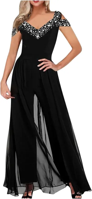NEW Retails $80 Printed V Neck off-the shoulder high waisted jumpsuit, Black, Sz XL