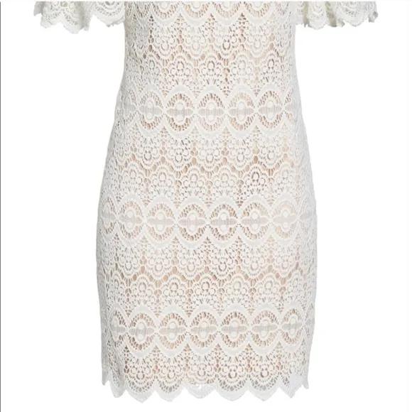 NWOT Eliza J White Crocheted Lace Off Shoulder Mini Dress Scalloped Hem Size 10