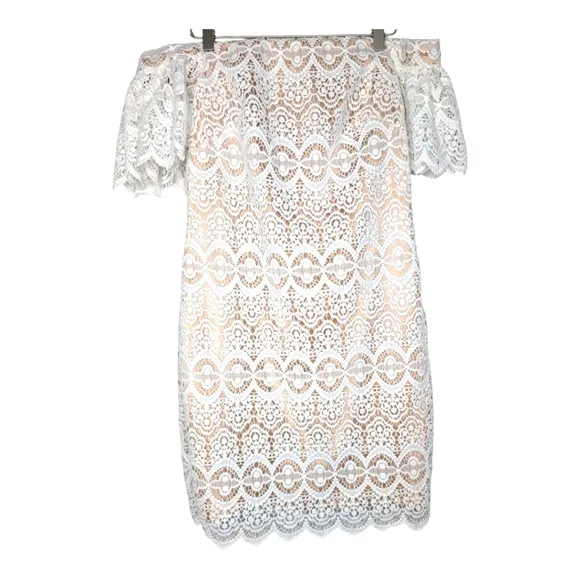 NWOT Eliza J White Crocheted Lace Off Shoulder Mini Dress Scalloped Hem Size 10
