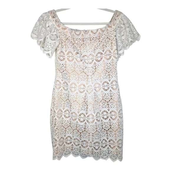 NWOT Eliza J White Crocheted Lace Off Shoulder Mini Dress Scalloped Hem Size 10