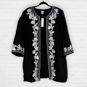 NWT CHICOS Black Linen Embroidered White Spring Floral Design Size 3 L XL