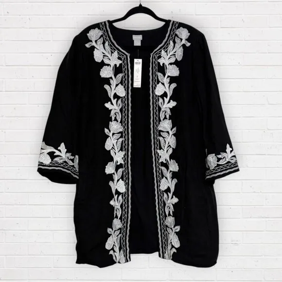 NWT CHICOS Black Linen Embroidered White Spring Floral Design Size 3 L XL