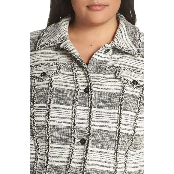 NWT Womens Plus Size 3X Nordstrom 1.STATE Black White Fringe Trim Tweed Jacket