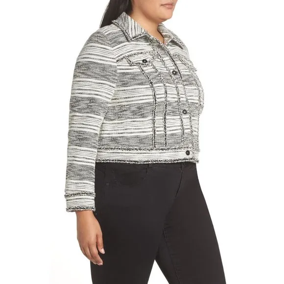 NWT Womens Plus Size 3X Nordstrom 1.STATE Black White Fringe Trim Tweed Jacket