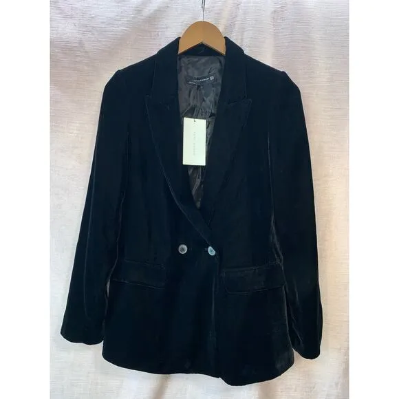 NWT Zara Woman Velvet Double-Breasted Blazer Jacket Size XS in Black
