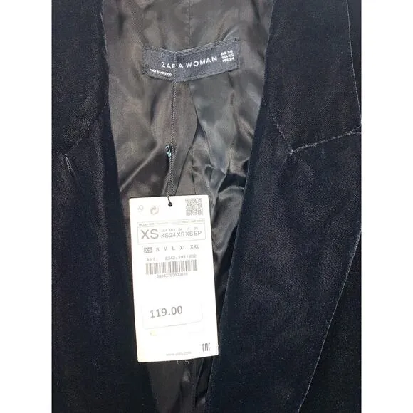 NWT Zara Woman Velvet Double-Breasted Blazer Jacket Size XS in Black