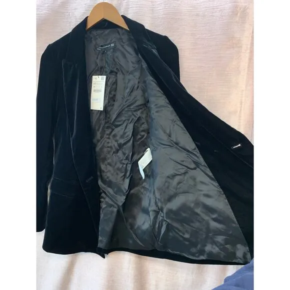 NWT Zara Woman Velvet Double-Breasted Blazer Jacket Size XS in Black