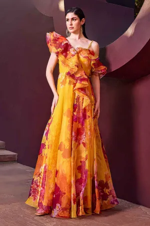 Ochre Floral One Shoulder Gown