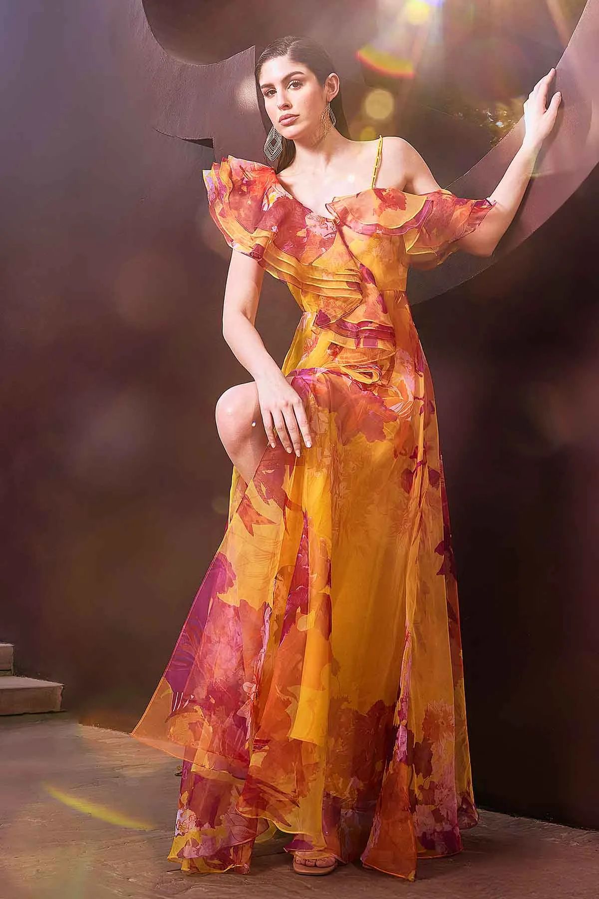 Ochre Floral One Shoulder Gown