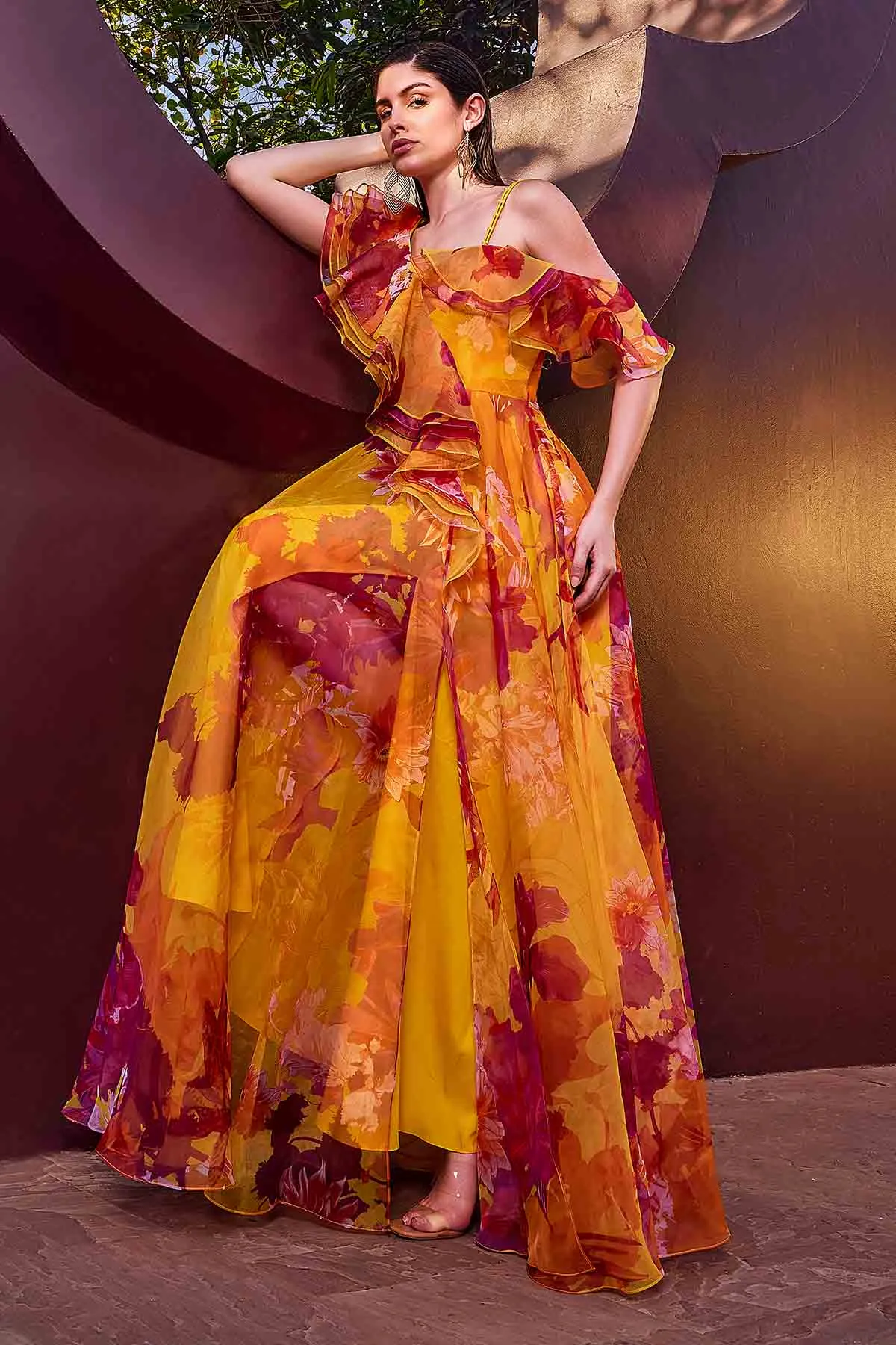 Ochre Floral One Shoulder Gown