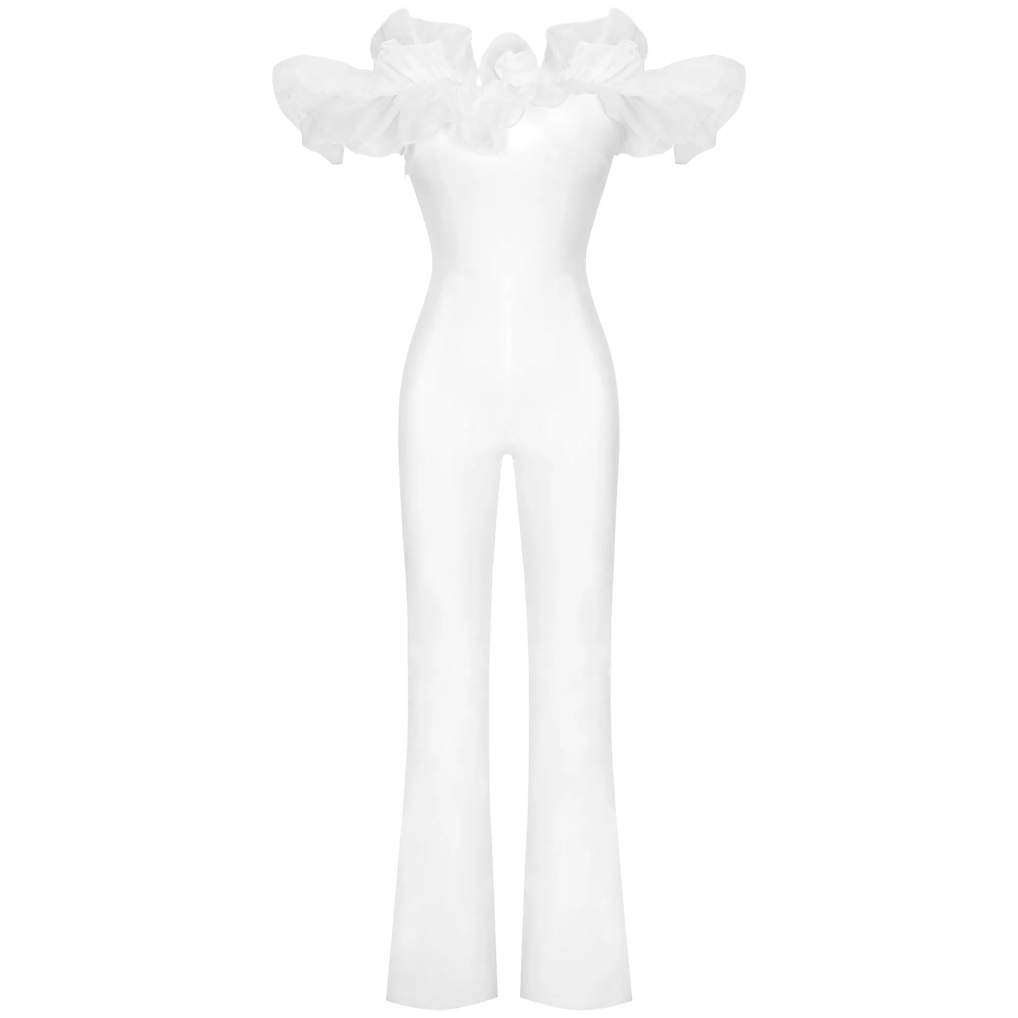Off Shoulder Short Sleeve Frill Bandage Jumpsuit