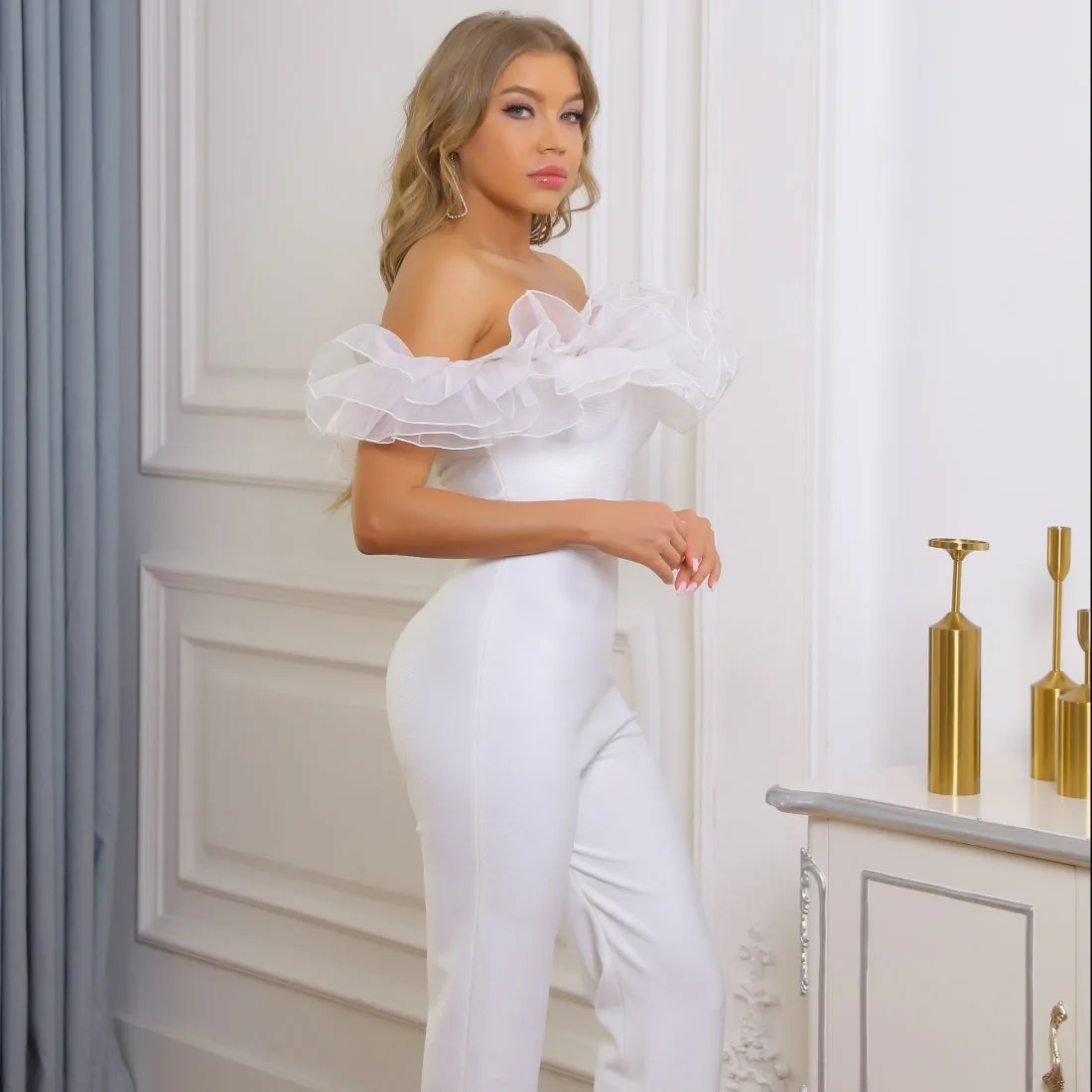 Off Shoulder Short Sleeve Frill Bandage Jumpsuit