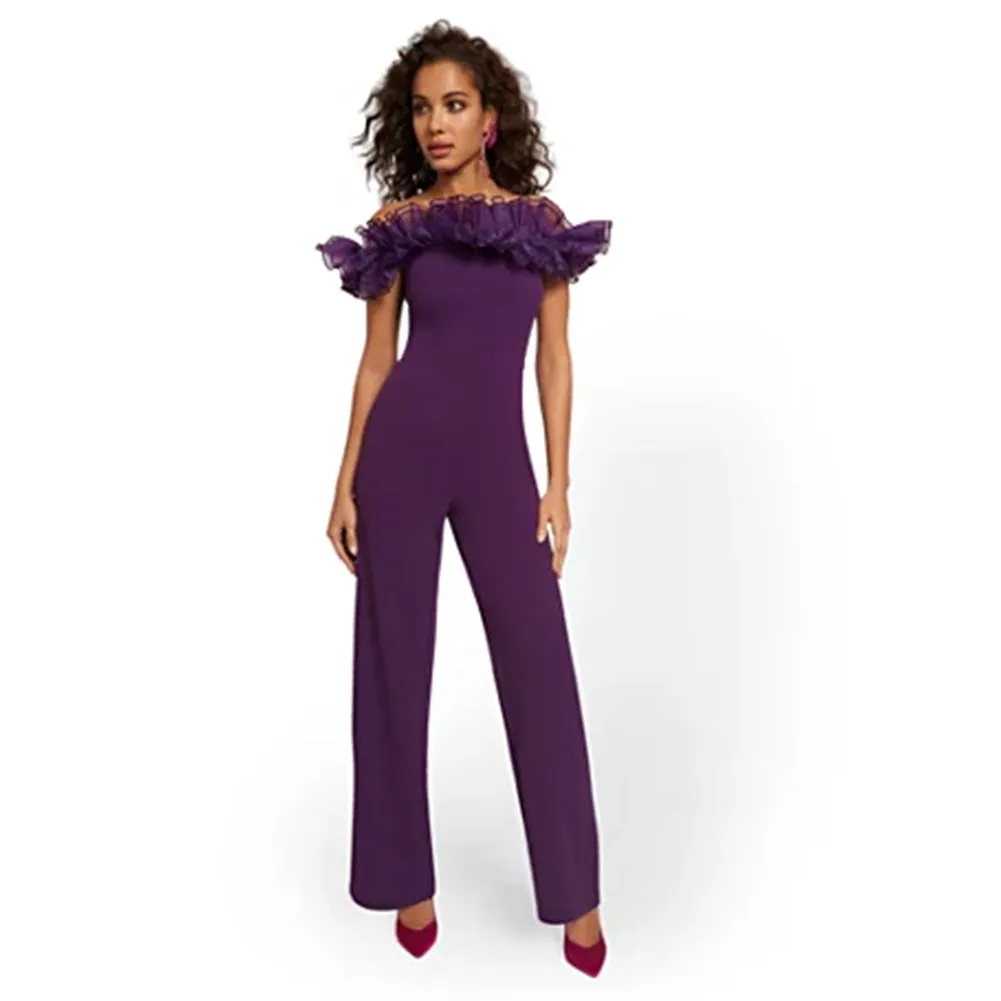Off Shoulder Short Sleeve Frill Bandage Jumpsuit