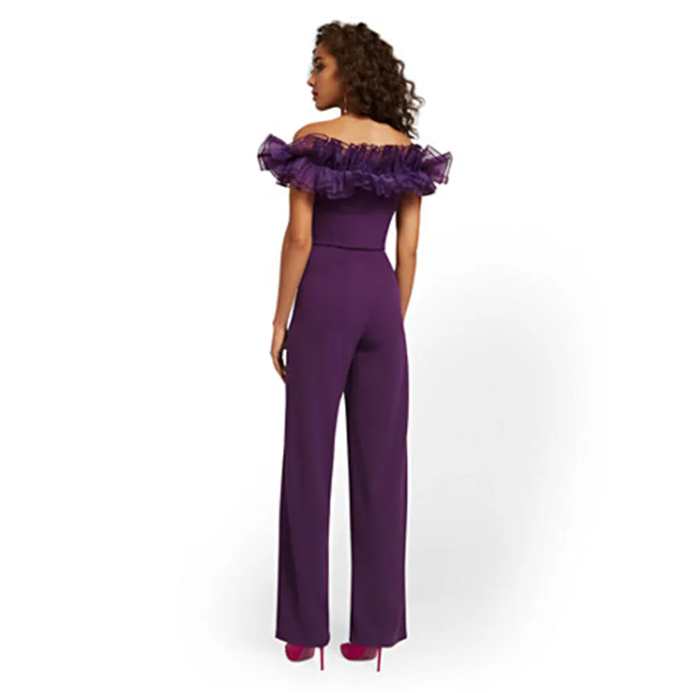 Off Shoulder Short Sleeve Frill Bandage Jumpsuit