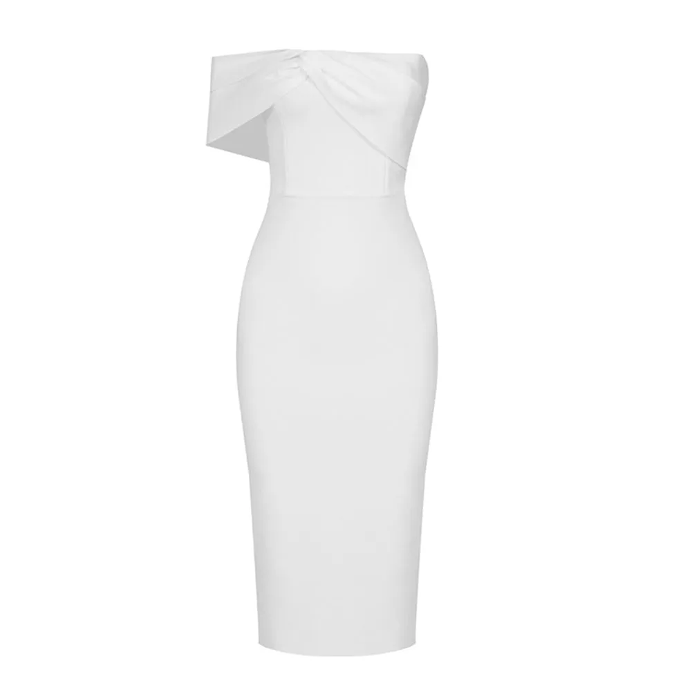Off Shoulder Short Sleeve Midi Asymmetrical Bandage Dress
