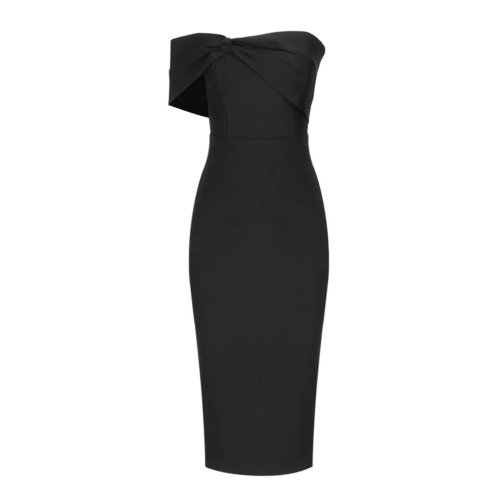 Off Shoulder Short Sleeve Midi Asymmetrical Bandage Dress