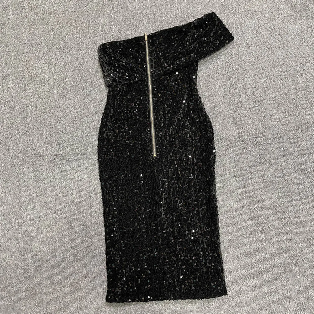 Off Shoulder Short Sleeve Sequined Midi Bodycon Dress