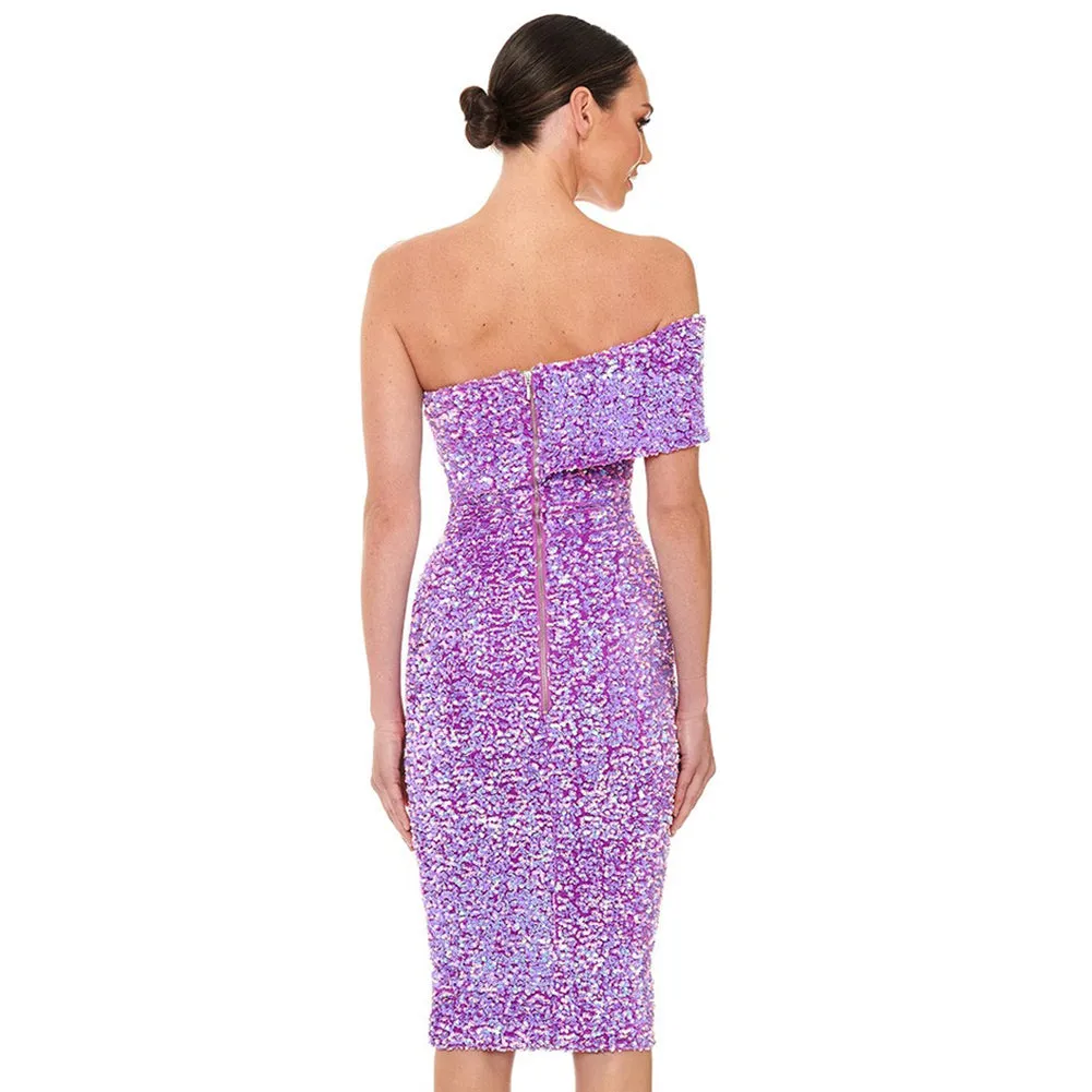 Off Shoulder Short Sleeve Sequined Midi Bodycon Dress