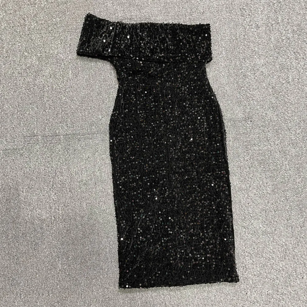 Off Shoulder Short Sleeve Sequined Midi Bodycon Dress