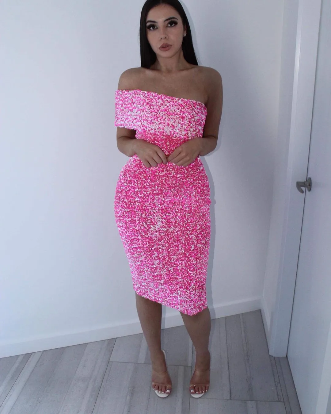Off Shoulder Short Sleeve Sequined Midi Bodycon Dress