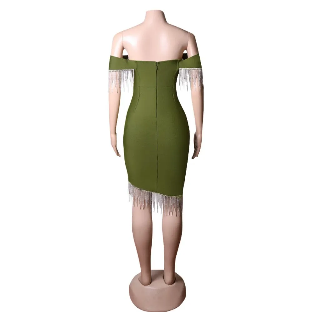 Off Shoulder Short Sleeve Tassels Midi Bandage Dress