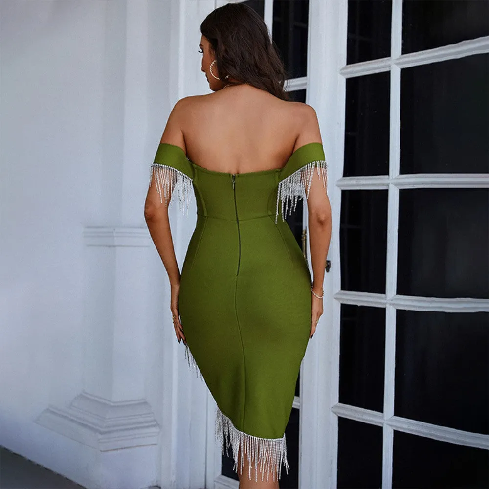 Off Shoulder Short Sleeve Tassels Midi Bandage Dress