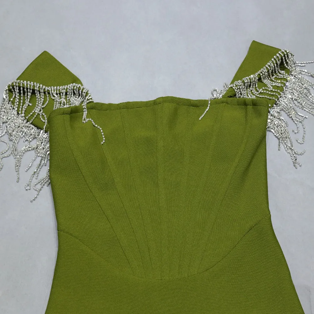 Off Shoulder Short Sleeve Tassels Midi Bandage Dress