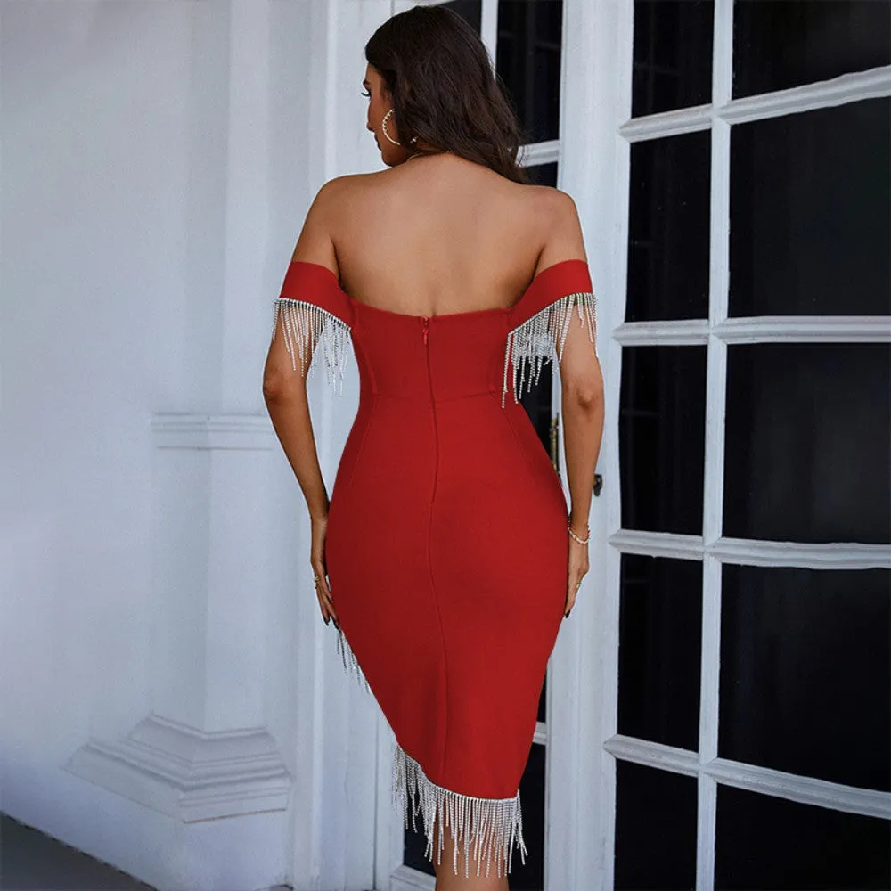 Off Shoulder Short Sleeve Tassels Midi Bandage Dress