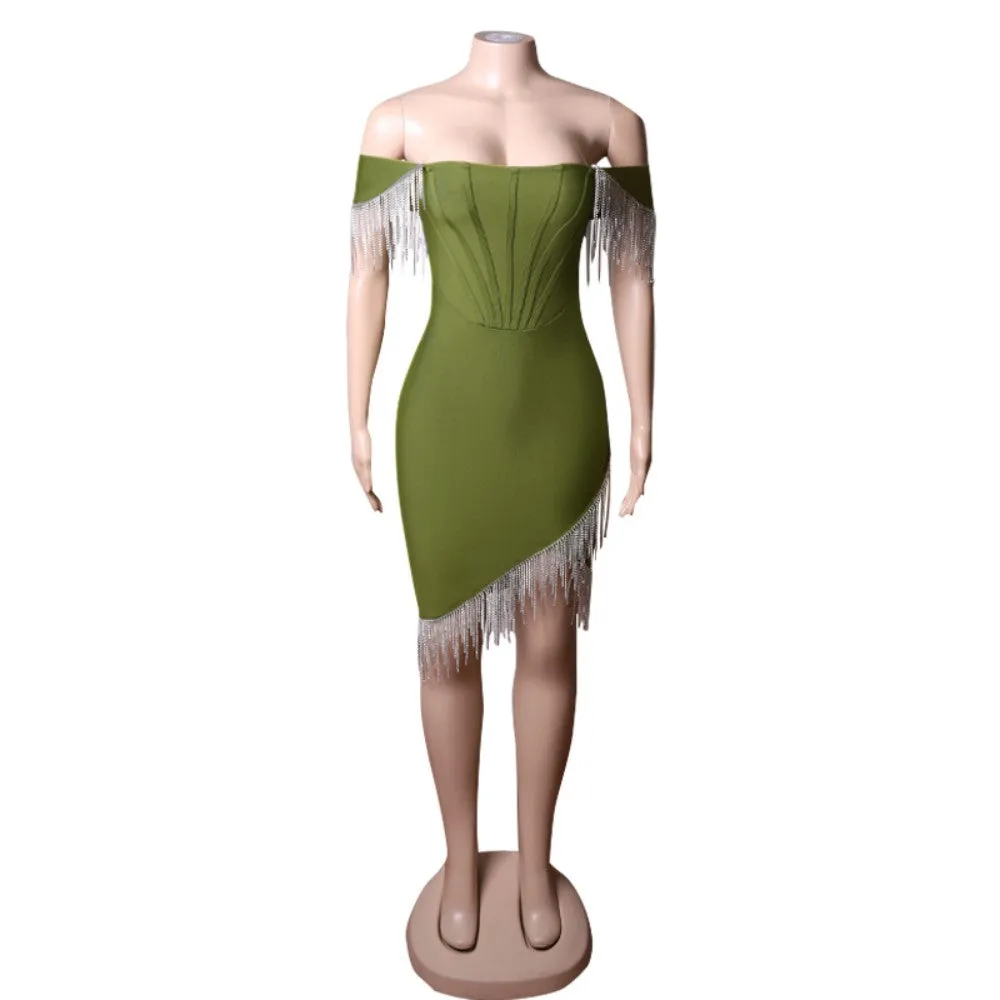 Off Shoulder Short Sleeve Tassels Midi Bandage Dress