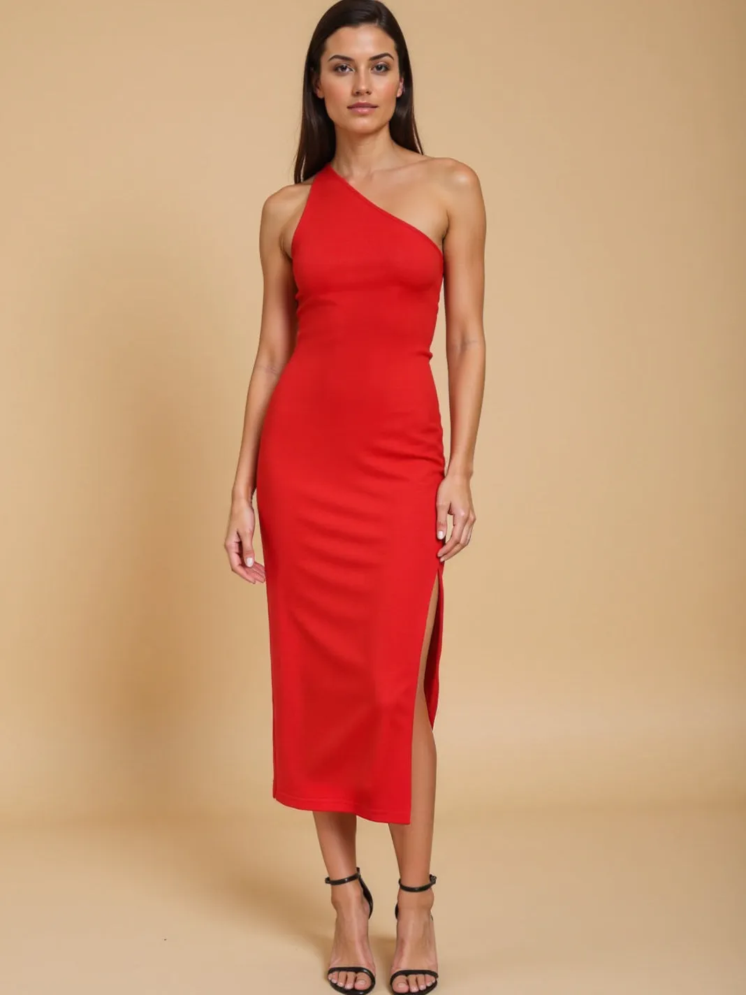 One Shoulder Knit Bodycon Midi Dress