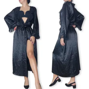 Oscar de la Renta Black Ruffle Satin Robe Fits S-M