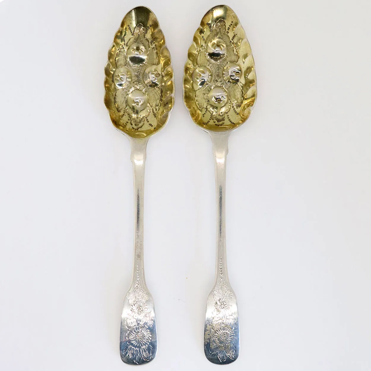 Pair English George IV M & M Emanuel Gilt Sterling Silver Berry Serving Spoons