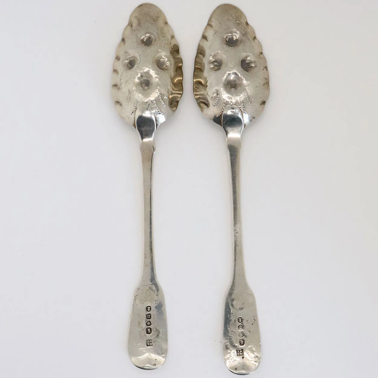 Pair English George IV M & M Emanuel Gilt Sterling Silver Berry Serving Spoons