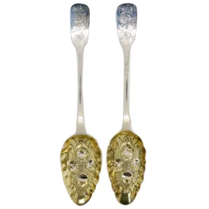 Pair English George IV M & M Emanuel Gilt Sterling Silver Berry Serving Spoons
