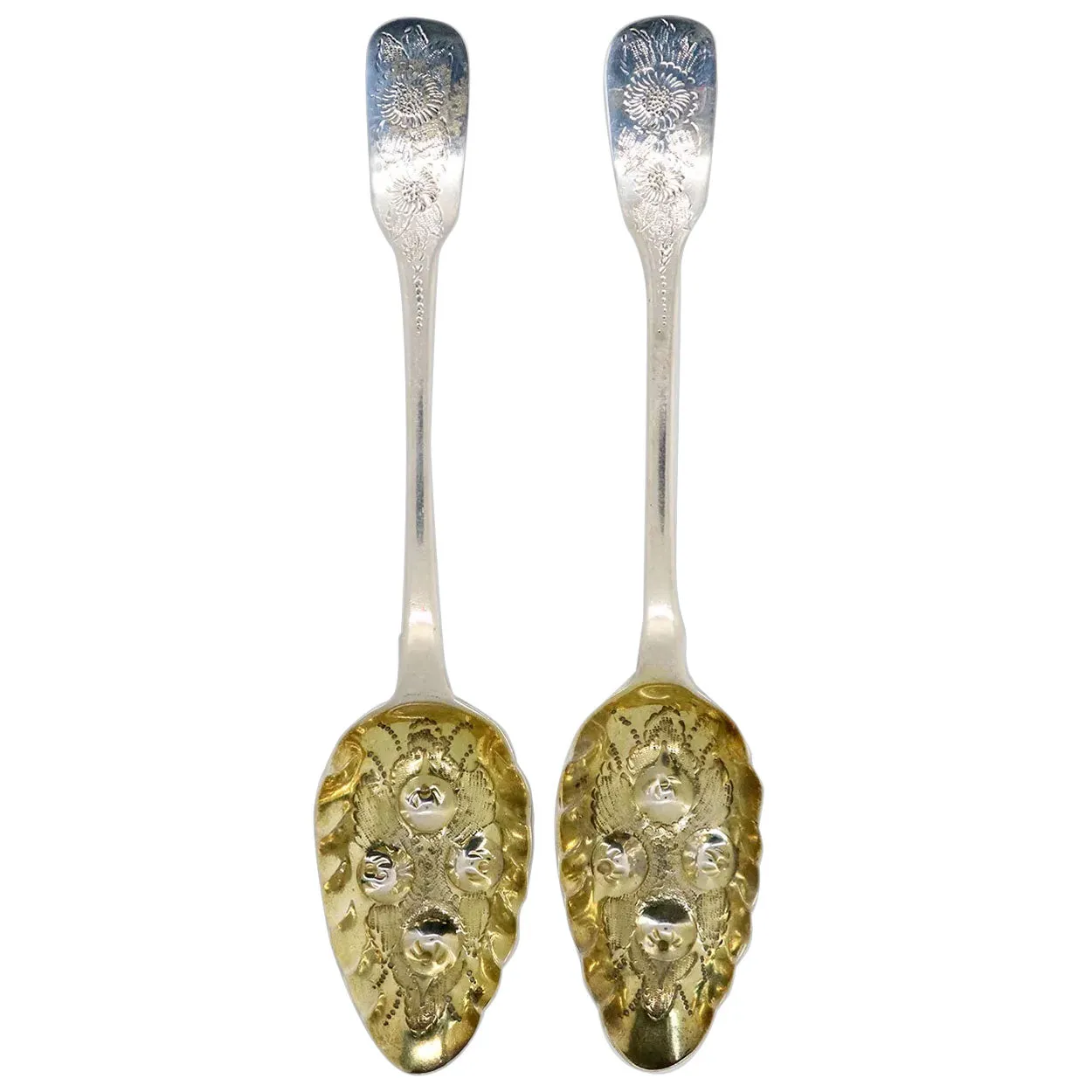 Pair English George IV M & M Emanuel Gilt Sterling Silver Berry Serving Spoons