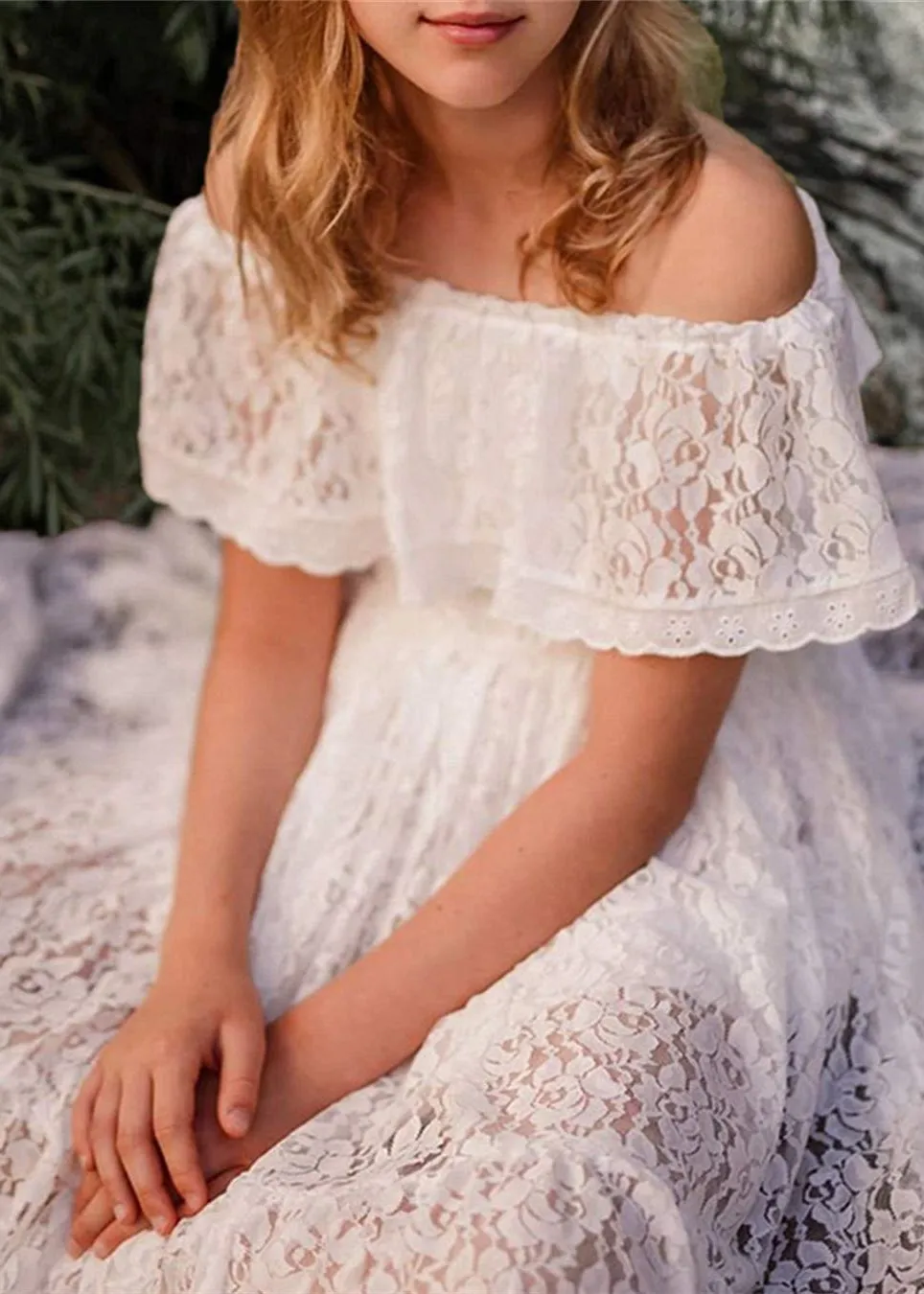 Paisley All Lace Flower Girl Dress in White Off-Shoulder