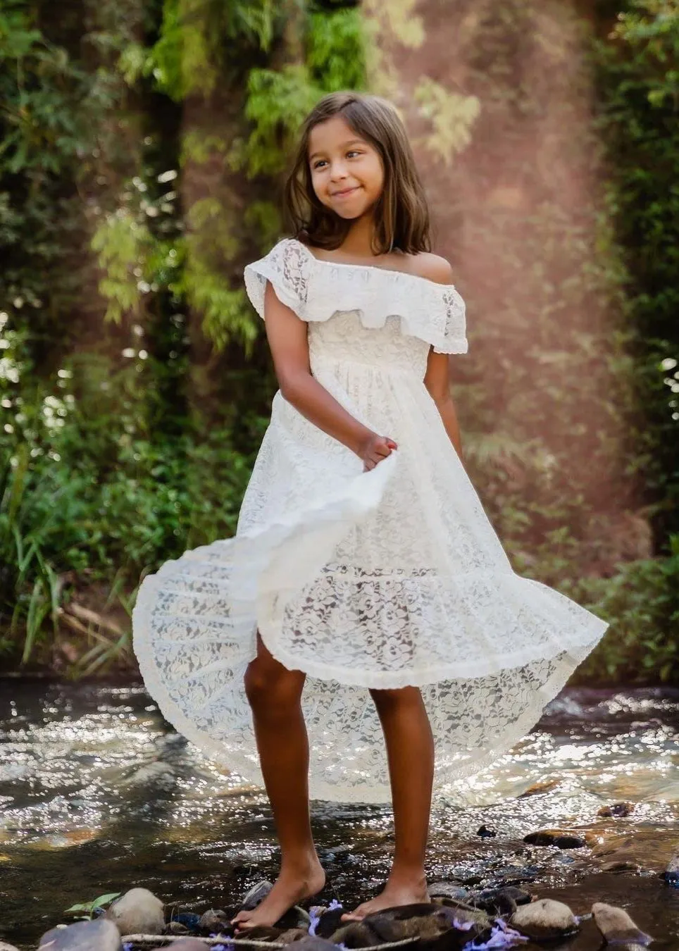 Paisley All Lace Flower Girl Dress in White Off-Shoulder