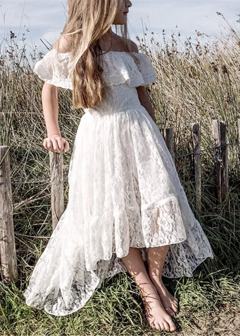 Paisley All Lace Flower Girl Dress in White Off-Shoulder