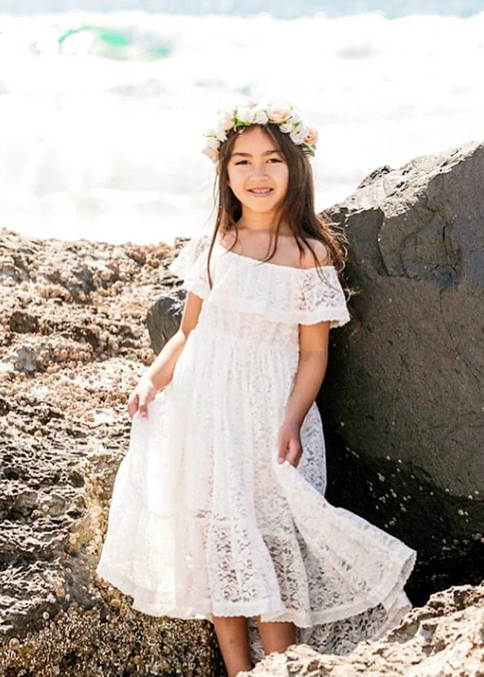 Paisley All Lace Flower Girl Dress in White Off-Shoulder
