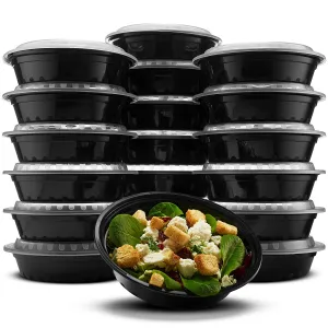 Paksh Novelty RND24OZ16PK Lunch Box Sets/Round Large Food Container with Lid for Meal Prep, Microwaveable, Freezer & Dishwasher Safe, Leak Proof, 24 Ounce, 20 Pack, Black-BK09